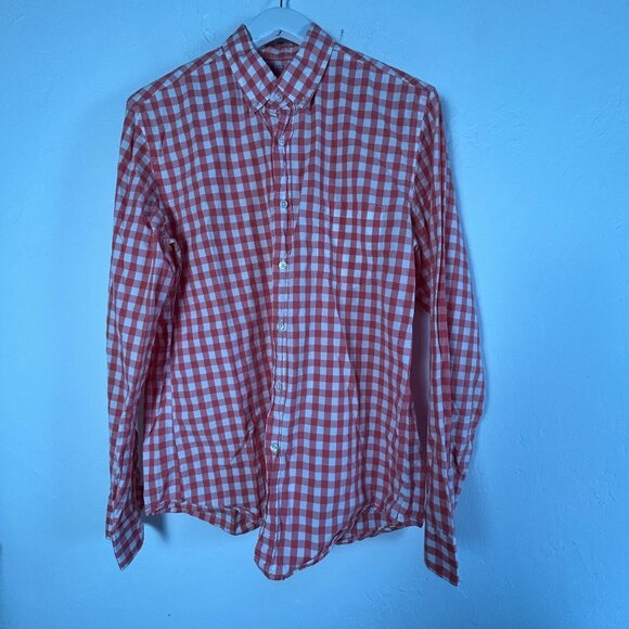 J.Crew Mens Orange White Gingham Cotton Lightweight Shirt Medium Button Down - Picture 1 of 8